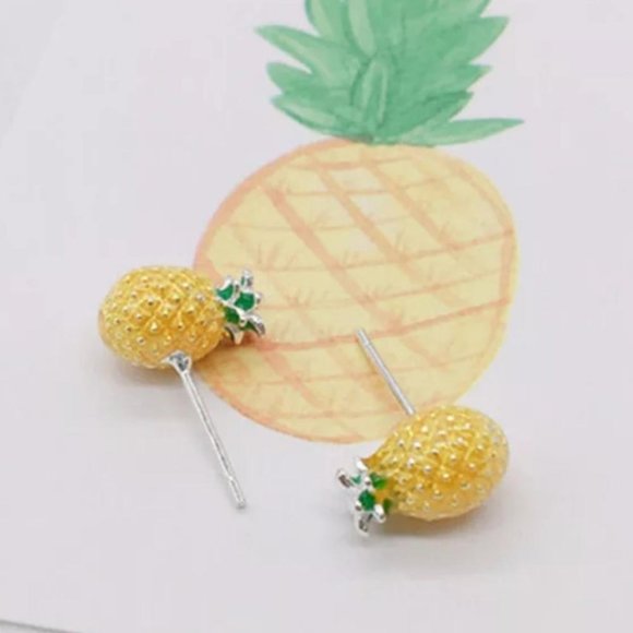 Pineapple .925 Sterling Silver Chic Earrings Studs - Picture 2 of 7